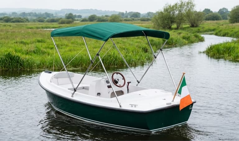 The Kingfisher moored on a still stretch of the Shannon Callows, green hull and dark green sun canopy, wooden wheel at the helm