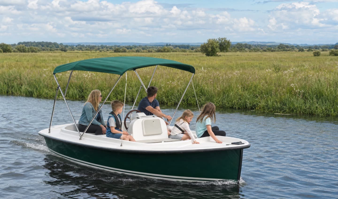 The Lapwing underway on the Shannon Callows with a family of five aboard, green hull and white deck under a dark green sun canopy, meadow and open sky behind