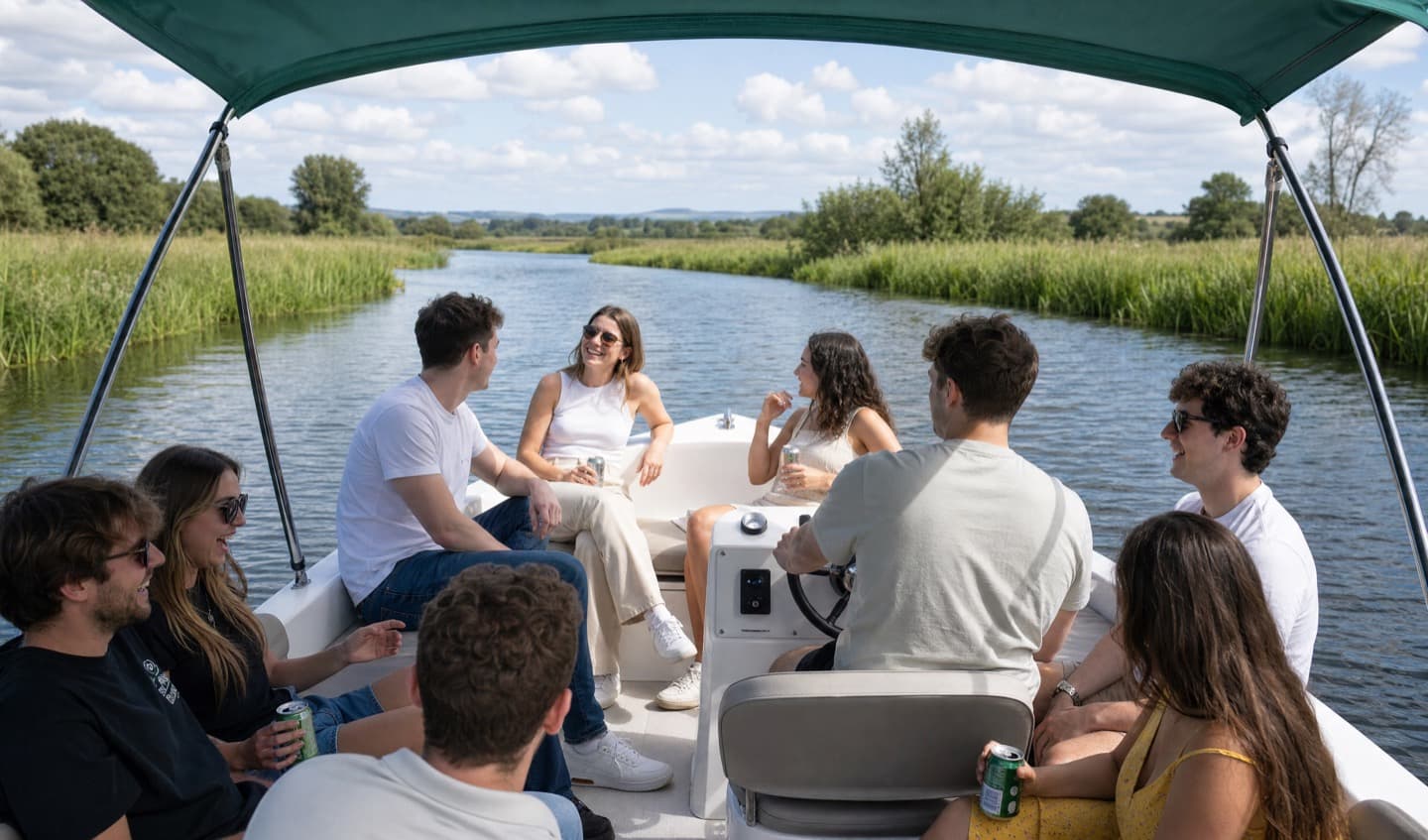 A group seated around the open deck of The Whooper under the sun canopy, the river running ahead between reed beds