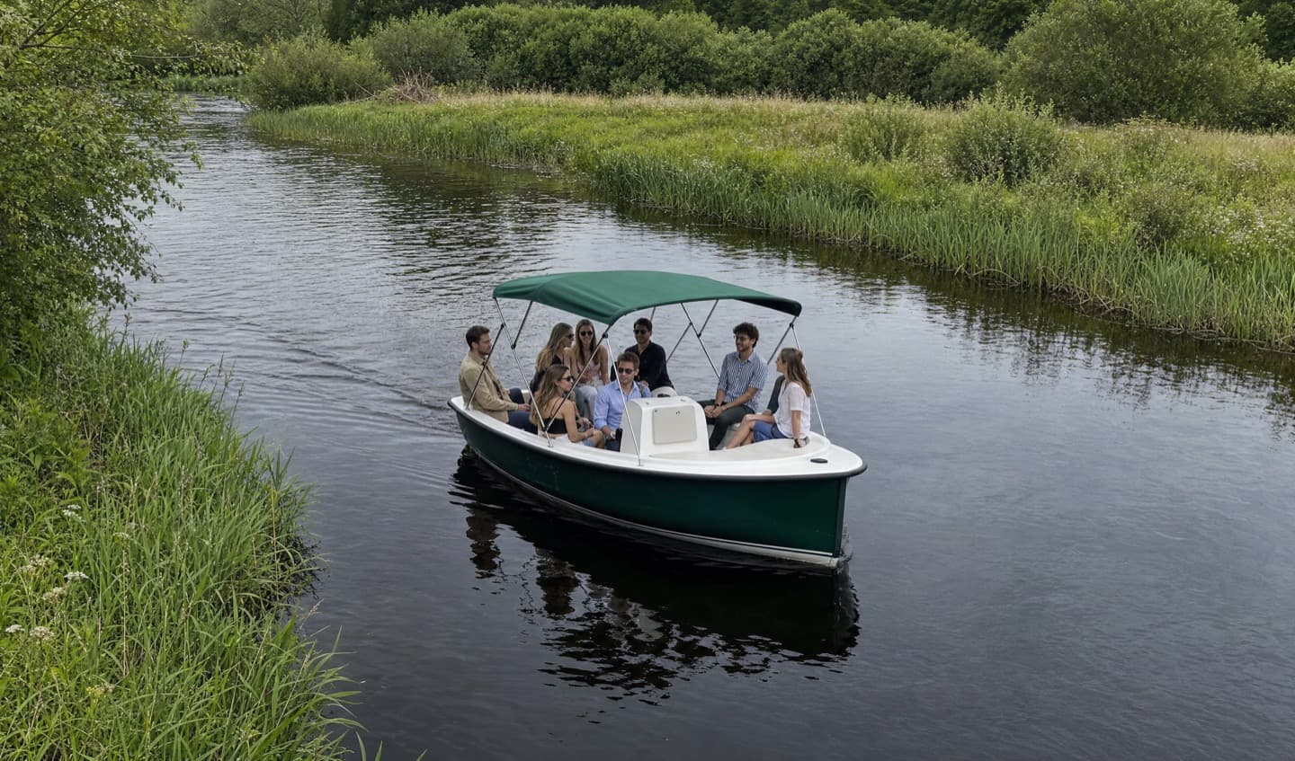 The Whooper seen from above, working down a tree-lined channel with a group aboard
